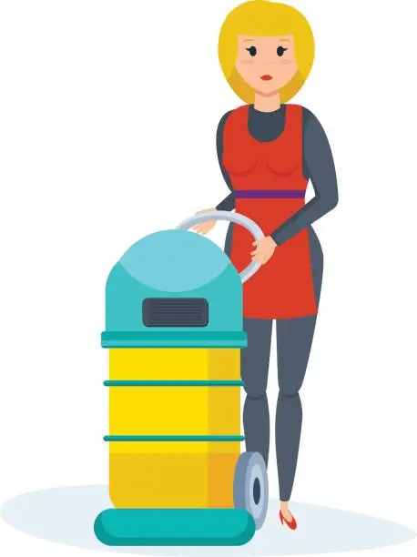 Vector illustration of Girl retracts in hotel room, vacuums, collects dust and underwear