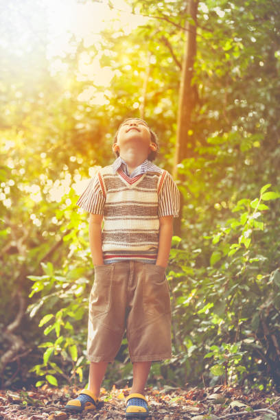 istock Happy asian boy looking up. Outdoors, travel on vacation. 802316906