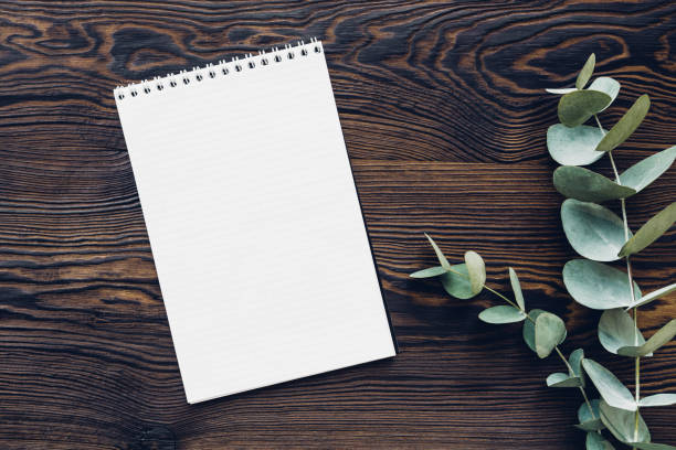istock flat lay eucalyptus branches and diary on wooden background, top view. mock up 802318478
