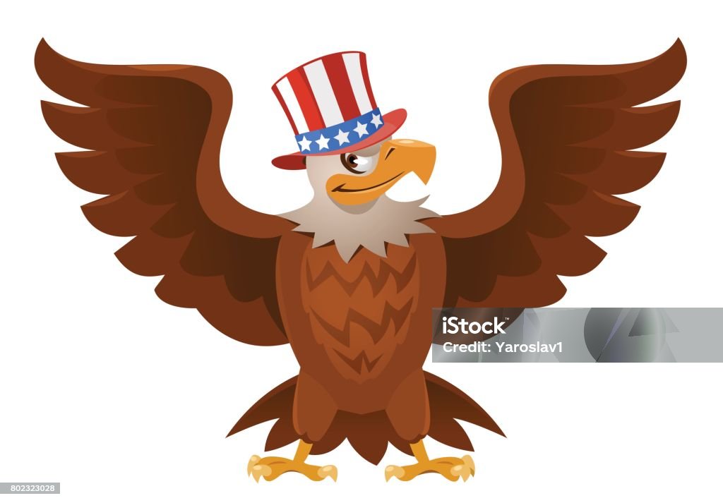 American Eagle in the patriotic hat with open spread wings. American Eagle in the patriotic hat with open spread wings. Cartoon styled vector illustration. Elements is grouped. No transparent objects. Isolated on white. Patriotism stock vector