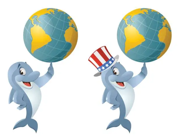 Vector illustration of Dolphin in the patriotic hat holding a globe.