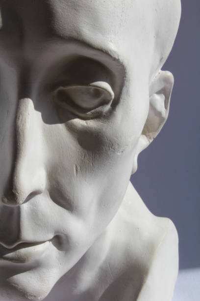 istock White plaster statue of half mans head on blue grey background 802325432