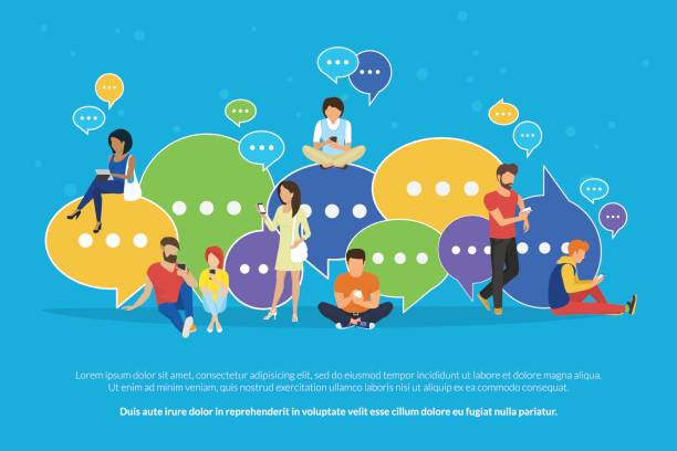 ilustrações de stock, clip art, desenhos animados e ícones de speech bubbles for comment and reply concept flat vector illustration - communication computer network social gathering social issues