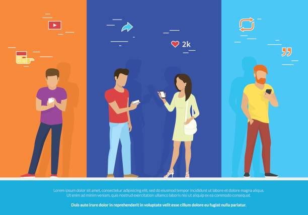 Group of people using smartphone concept vector illustration Group of people using smartphone concept vector illustration. Flat design of guys and woman standing together and reposting trends in social networks, reading news and publishing images for likes. girl texting on phone stock illustrations