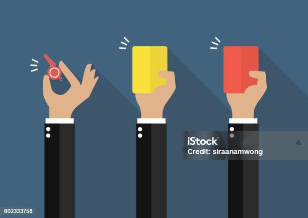 Hand Of Businessman Showing A Whistle Yellow Card And Red Card Stock Illustration - Download Image Now