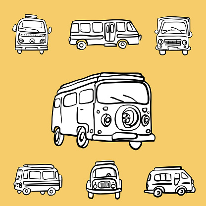 Set of vector hand drawn hippie vans from 60-s