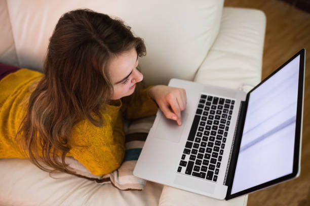 istock Smiling pretty woman using laptop 802334600