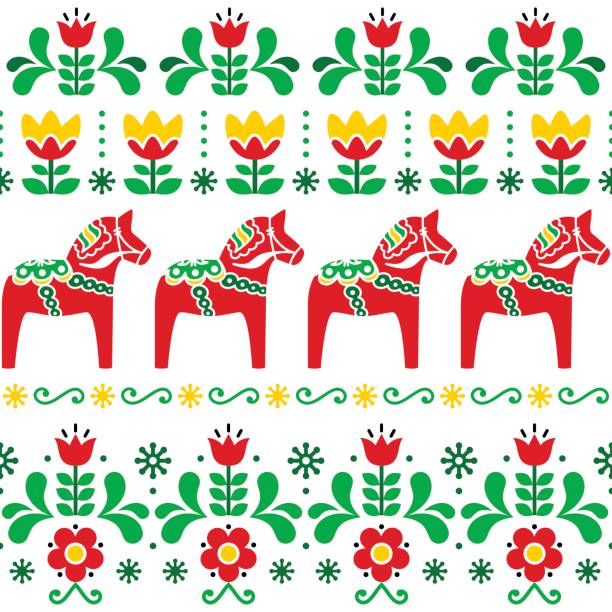 шведский узор лошади дала, скандинавский бесшовный дизайн народного искусства с цветами - dala horse stock illustrations