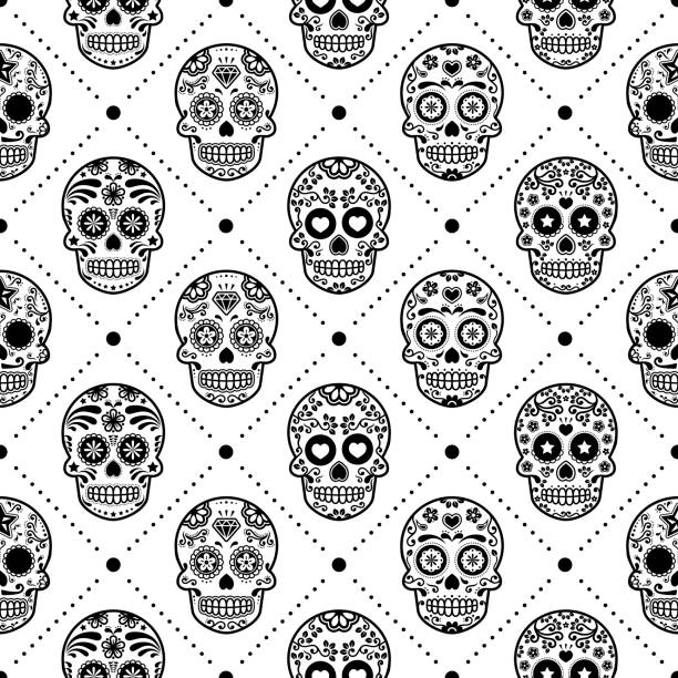 스웨덴 달라 말 패턴, 꽃을 가진 스 칸디 나 비아 원활한 민속 예술 디자인 - sugar skull stock illustrations