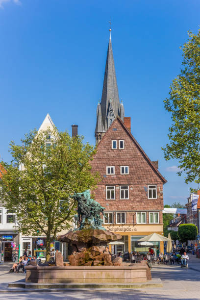 Houses and church tower at the market square of Detmold, Germany Detmold, Germany - May 22, 2017: Houses and church tower at the market square of Detmold, Germany detmold stock pictures, royalty-free photos & images