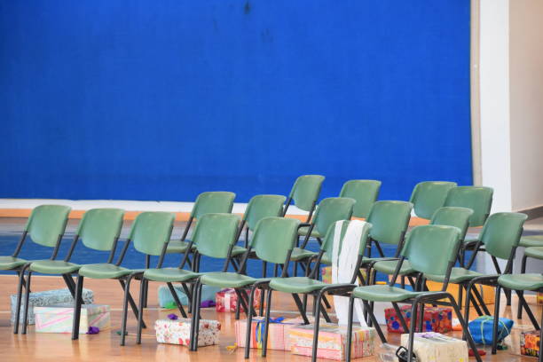 Music chairs and stands set up for a music performance.
