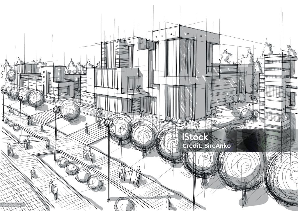 Hand drawn black and white architecture Vector illustration of the architectural design. In the style of drawing. (ai 10 eps with transparency effect) Architecture stock vector