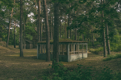 Mysterious summer house on the background of a wooden abandoned abandoned house in a pine forest