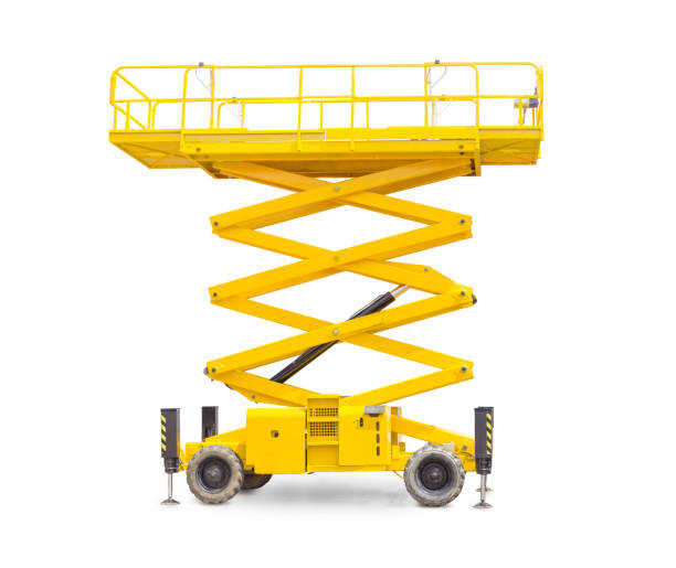 istock Scissor wheeled lift on a light background 802338432