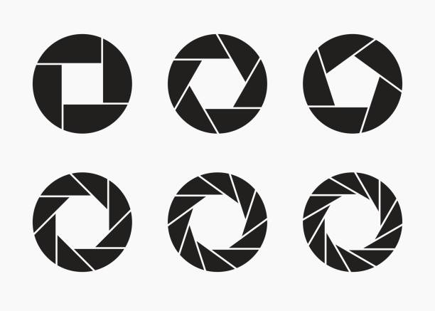 Set of black camera lens aperture icons. Set of black camera lens aperture icons isolated on light background. Camera objective icon. Shutter icon. Focus icon. Zoom objective for photographer. Simple diagrams set. Vector illustration. aperture stock illustrations