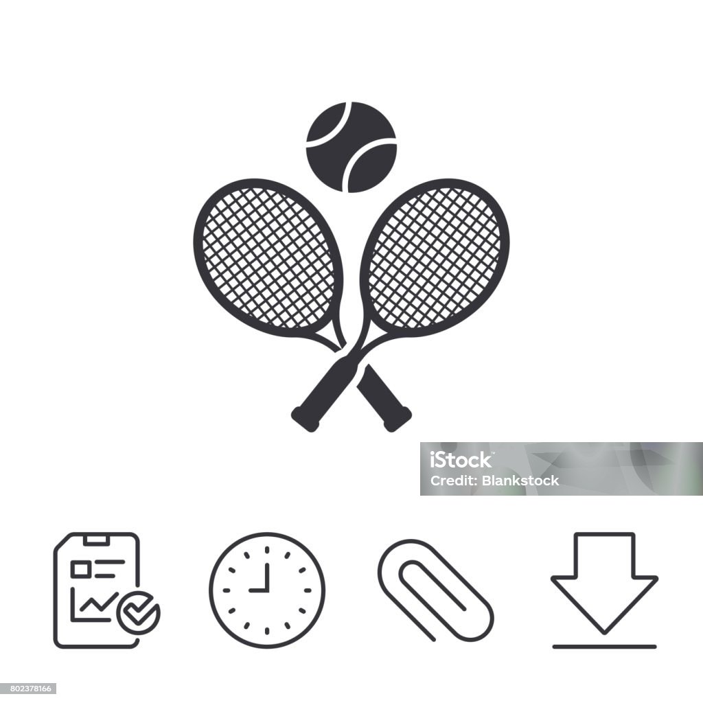 Tennis rackets with ball sign icon. Sport symbol. Tennis rackets with ball sign icon. Sport symbol. Report, Time and Download line signs. Paper Clip linear icon. Vector Data stock vector