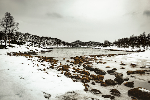 Snowy winter landscape at the shore of the Vestfjord from one of the islands of the Vesteralen archipel near Lodingen in Norway The mountains are covered in snow and there clouds floating over the mountains in the distance.