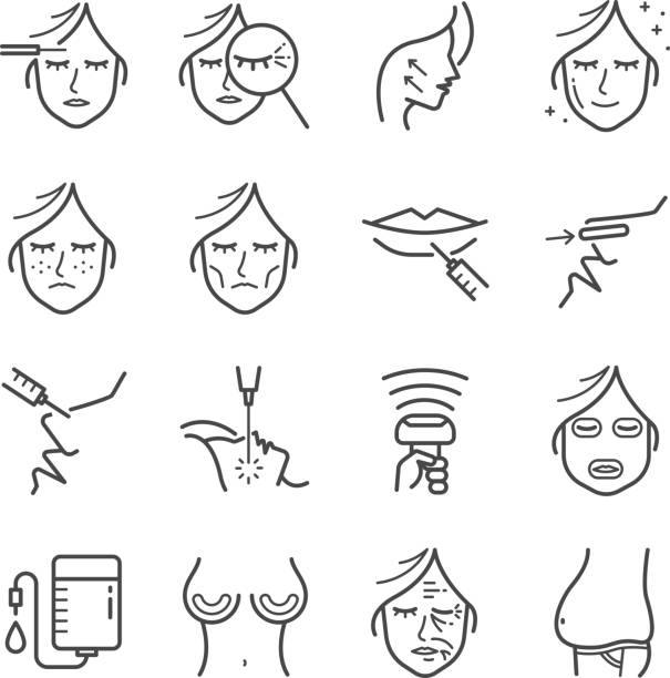 ilustrações de stock, clip art, desenhos animados e ícones de cosmetic surgery line icon set. included the icons as wrinkle, aging, botox, belly, cellulite and more. - wrinkled