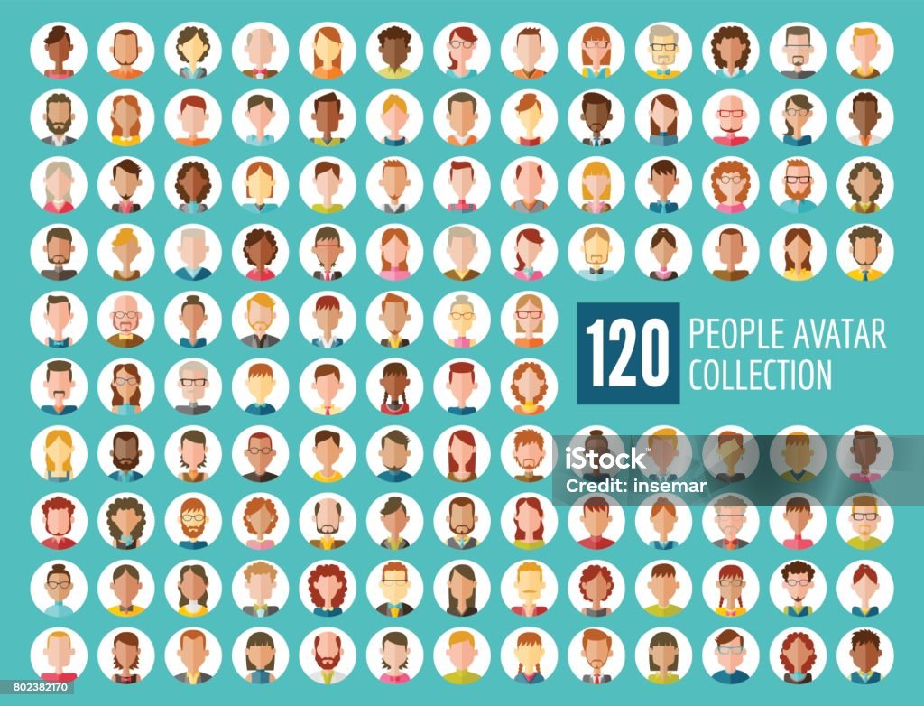 120 People Avatar Collection Collection of 120 different male and female avatars in flat design.  Diverse type of people with different nationalities, ages, clothing and hair styles. Round vector icons isolated on white background. Avatar stock vector