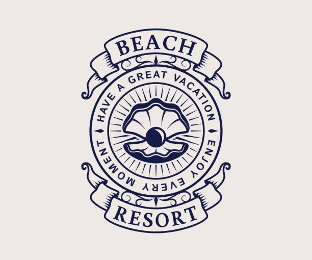 ilustrações, clipart, desenhos animados e ícones de emblema de resort de praia com casca. - pérolas