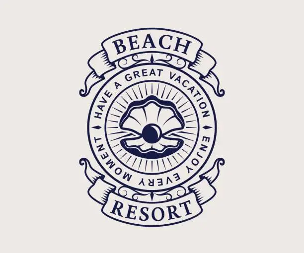 Vector illustration of Beach resort emblem with shell.