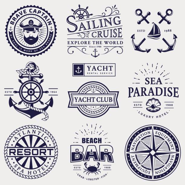 Sea and nautical emblems and badges isolated on white background. Set of sea and nautical typography badges. Collection of vector templates for company emblems, business identity or web design. Sailing cruise, yachting, resort hotel, navigation and other themes. vintage steering wheel stock illustrations