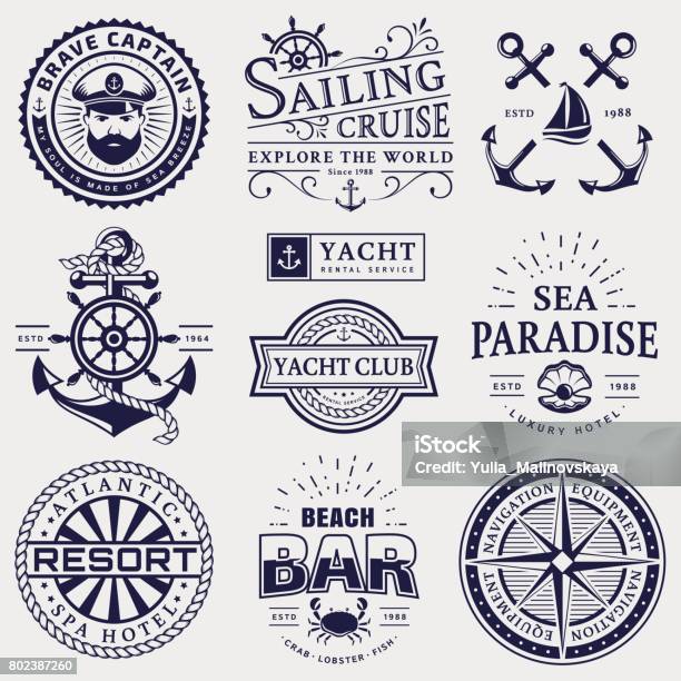 Sea And Nautical Emblems And Badges Isolated On White Background Stock Illustration - Download Image Now