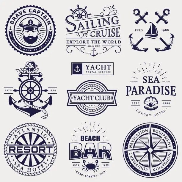 Vector illustration of Sea and nautical emblems and badges isolated on white background.
