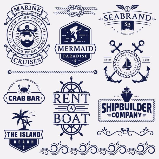 ilustrações de stock, clip art, desenhos animados e ícones de sea and nautical badges and design elements. - anchor and rope