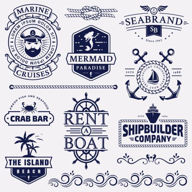 Sea and nautical badges and design elements. Set of sea and nautical typography badges and design elements. Templates for company emblems or web decoration. Marine cruise, beach resort, seafood bar, shipbuilding and other themes. Vector collection. boat stock illustrations