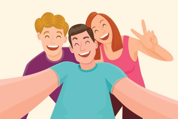 Best friends Group of three friends taking a selfie and laughing. Friendship and youth concept. Vector illustration. friends laughing stock illustrations
