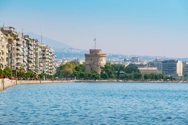 The harbor, seafront and White Tower in Thessaloniki. Macedonia, Greece