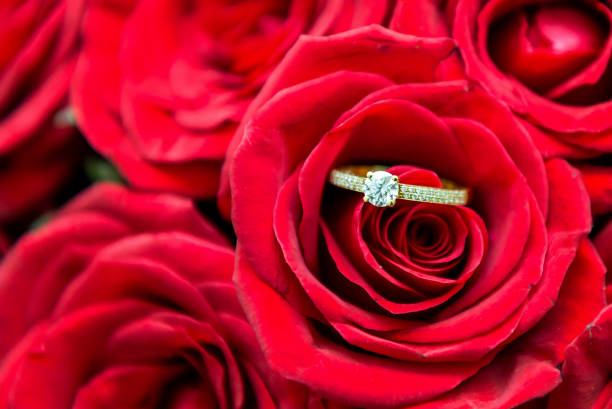 Horizontal color close-up image of diamond gold ring arranged in bouquet of roses.