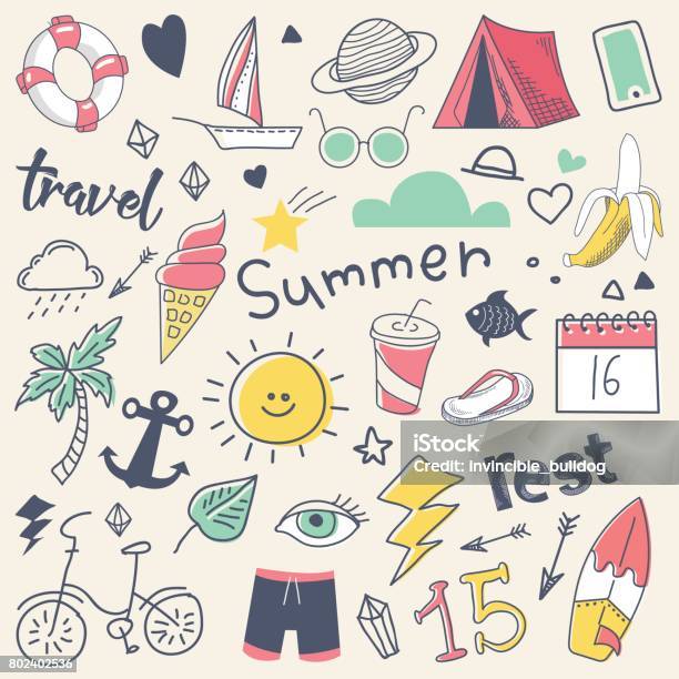 Vetores de Doodle De Mão Livre Mão Desenhada As Férias De Verão Com Sol Surf E Camp e mais imagens de Verão