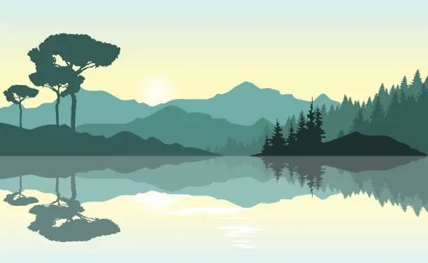 Vector illustration of Beautiful sunrise at the mountains. Green landscape reflected at the lake.
