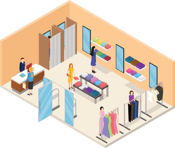 ilustrações de stock, clip art, desenhos animados e ícones de interior clothing store isometric view. vector - adult variation boutique occupation
