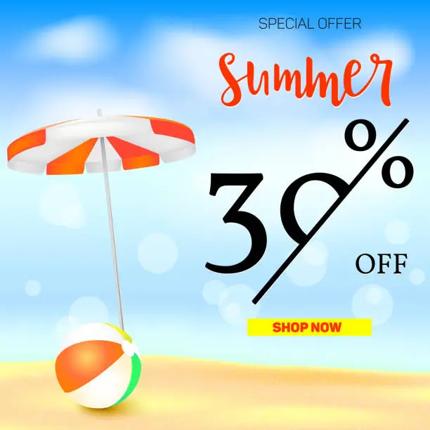 Vector illustration of Selling ad banner, vintage text design. Thirty percent summer vacation discounts, The sandy beach background with sun umbrella and bouncy ball. Template for online shopping, advertising actions