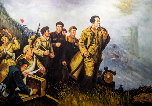 Oil painting in the style of Socialist realism in art depicting Chairman Mao as the leader of the people, Suzhou, Jiangsu Province, China
