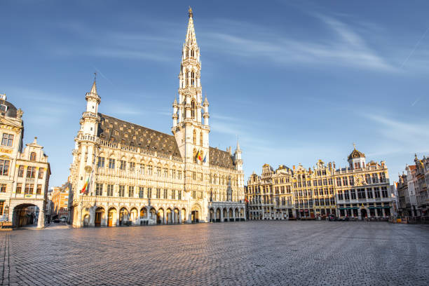 Central square in Brussels city Morning view on the city hall at the Grand place central square in the old town of Brussels during the sunny weather in Belgium brussels capital region stock pictures, royalty-free photos & images