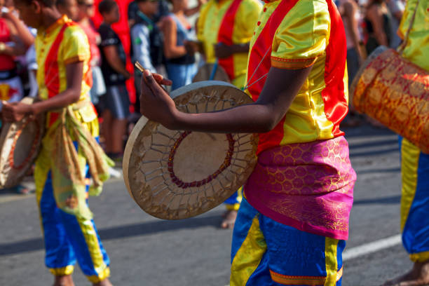 Saint-Gilles les Bains, La Réunion - June 25 2017: Group of young percussionists playing during the Grand Boucan carnival.