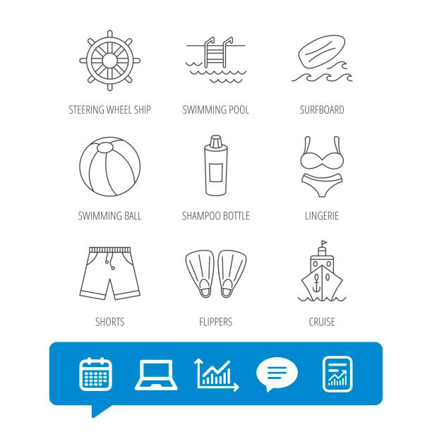 illustrazioni stock, clip art, cartoni animati e icone di tendenza di icone di tavole da surf, piscina e bauli. - nautical vessel buoy passenger ship computer icon