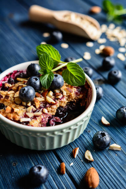 Blueberry crumble with oat flakes and almonds