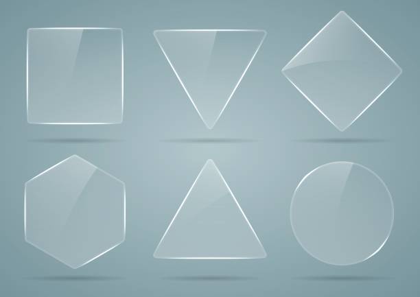 Set of glass, transparent geometric shapes. Collection of glass geometric shapes. Set of transparent banners. The shape is square, round, triangular, quadrangular and hexagonal. Vector illustration glass textures stock illustrations