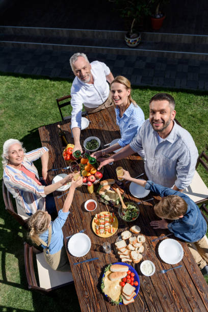 istock overhead view big smiling family clinking glasses and looking at camera 802428378