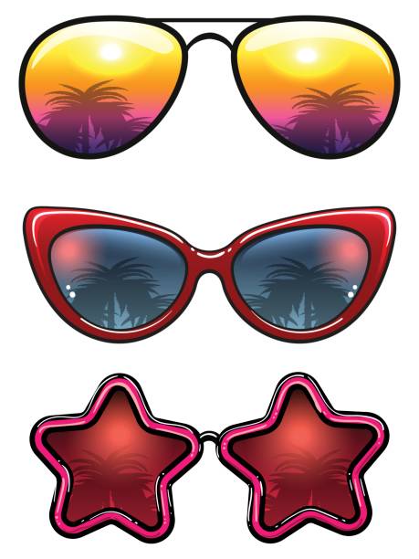 Fashion sunglasses collection with palm trees Fashion sunglasses collection with palm trees, vector illustration red spectacles stock illustrations