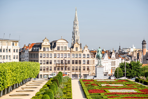 Morning view on the Arts Mountain square with beautiful buildings and city hall tower in Brussels, Belgium