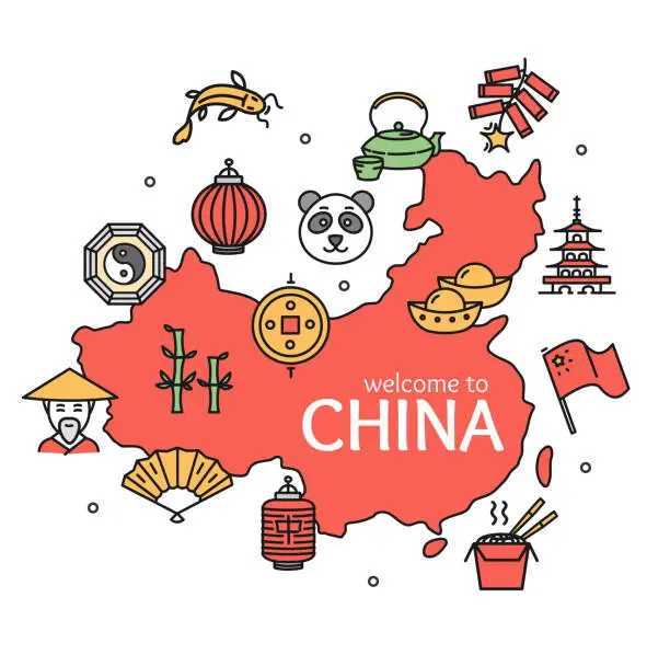 Vector illustration of China Design Template Line Icon Welcome Concept and Map. Vector