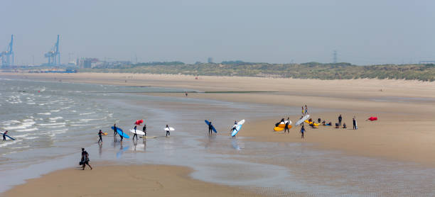 klasse surfen op het strand van de europese - blankenberge strand stockfoto's en -beelden