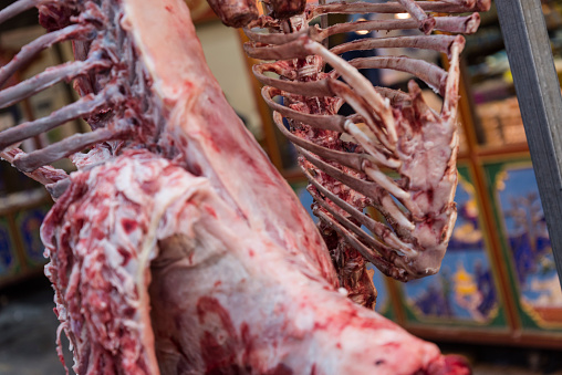 Carcass halal meat, Street food market, Muslim Quarter, Xian, Shaanxi province, China