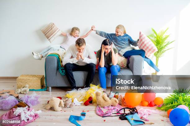 Kids Romping At Home Stock Photo - Download Image Now - Messy, Child, House